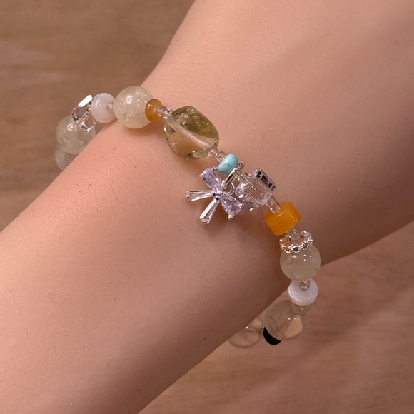 Pastel Gemstone Bracelet • Bow Charm • Crystal Beads • Cute Aesthetic Jewelry - Picture 3 of 4
